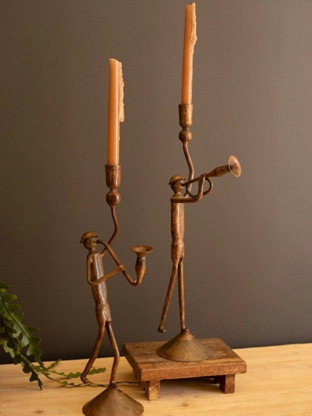 Set of 2 Forged-Iron Trumpet and Saxophone Taper Candle Holders Set of 2 Forged-